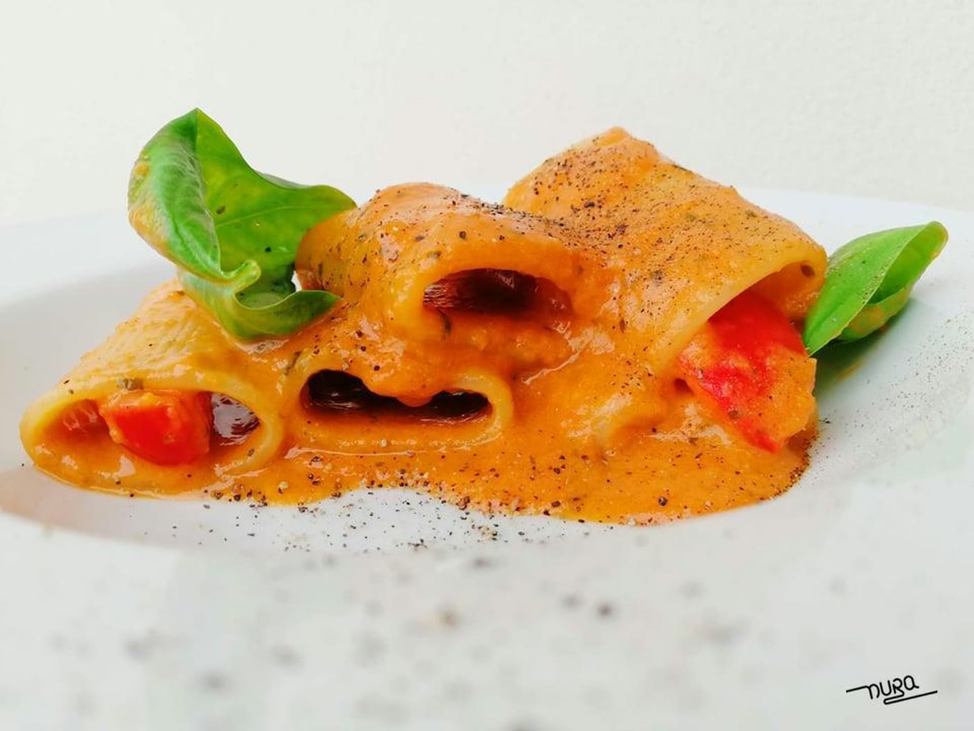 Pasta with fresh tomato sauce and basil on a white plate